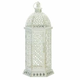 Accent Plus Lacy Cutout Distressed White Candle Lantern - 20 inches