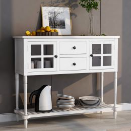 TREXM Sideboard Console Table with Bottom Shelf; Farmhouse Wood/Glass Buffet Storage Cabinet Living Room (White)