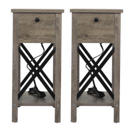 Farmhouse Flip Top End Table with Charge Station;  X-Shaped Profile Narrow Side Table with Drawer for Office;  Bedroom;  Living Room;  Gray