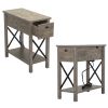 Farmhouse Flip Top End Table with Charge Station;  X-Shaped Profile Narrow Side Table with Drawer for Office;  Bedroom;  Living Room;  Gray