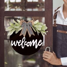 Welcome Wreath Sign for Front Door Porch Decor Farmhouse Front Door Wreath Rustic Style - Round Hanging Spring Summer Christmas Decoration for Home In (Color: Black)