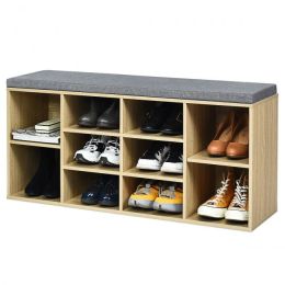 10-Cube Organizer Entryway Padded Shoe Storage Bench (Color: Beige)