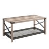 38.82" Farmhouse Coffee Table;  2-Tier Cocktail Table;  Center Table with Mesh Shelf;  Steel Frame;  Corner Protection;  Industrial Style;  Long Table