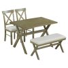 4 Pieces Farmhouse Rustic Wood Kitchen Dining Table Set with Upholstered 2 X-back Chairs and Bench